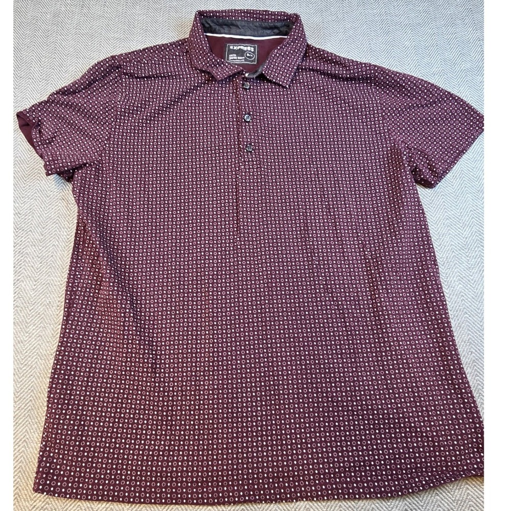 Express Mens XL Burgundy Geometric Circle Print Stretch Moisture Wicking Polo